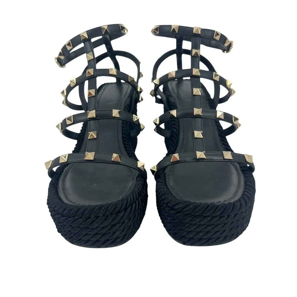 Valentino Garavani Rockstud Calfskin Wedge Sandals Black Size 41